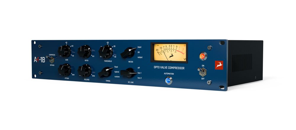 Blue rackmount audio compressor unit with knobs, toggle switch, meter, and lit buttons on front panel.