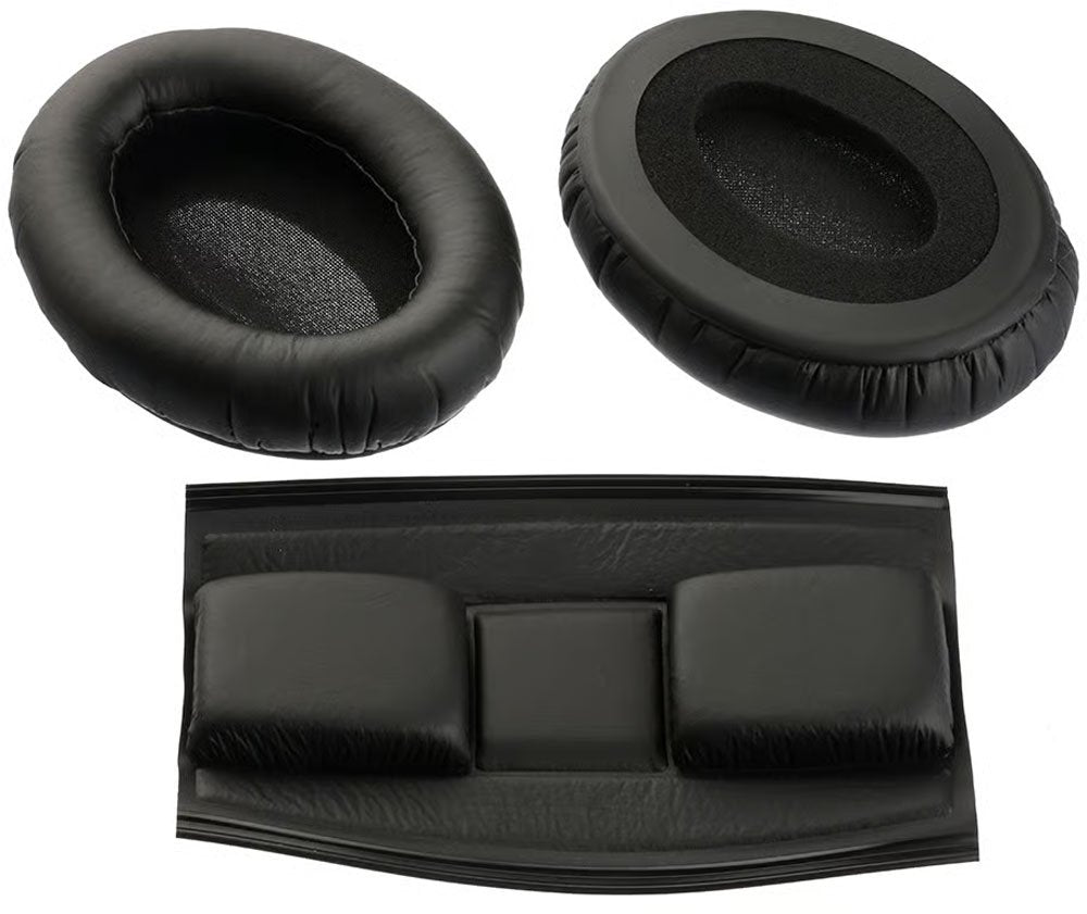 Two oval black leatherette ear pads and one rectangular headband pad for headphones shown on white background.