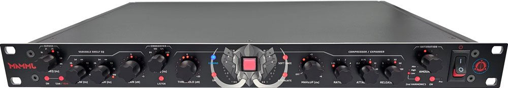 Black audio rack unit with various knobs, a toggle switch, and a blue-lit push button on front panel