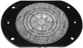 Oval-shaped black plate with a circular gray mesh or fabric center and multiple mounting holes around edges.