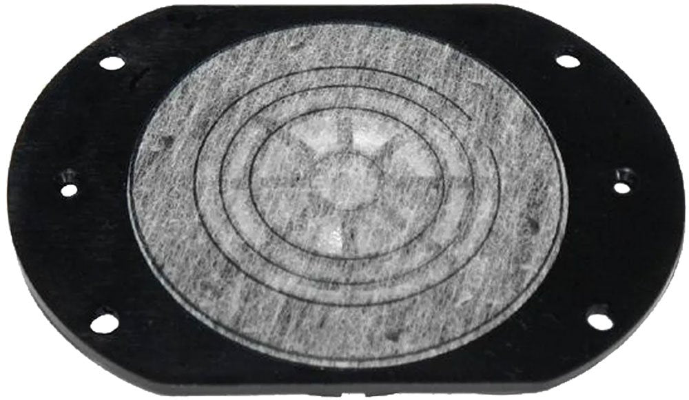 Oval-shaped black plate with a circular gray mesh or fabric center and multiple mounting holes around edges.