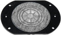 Oval black and gray component with circular patterns and multiple mounting holes on a white background.