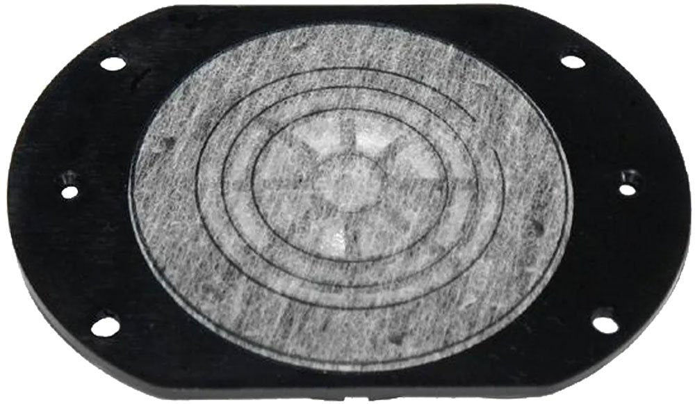 Oval black and gray component with circular patterns and multiple mounting holes on a white background.