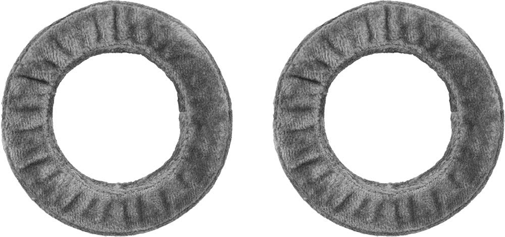 Two gray fabric ear pads with circular openings shown side by side on a white background.