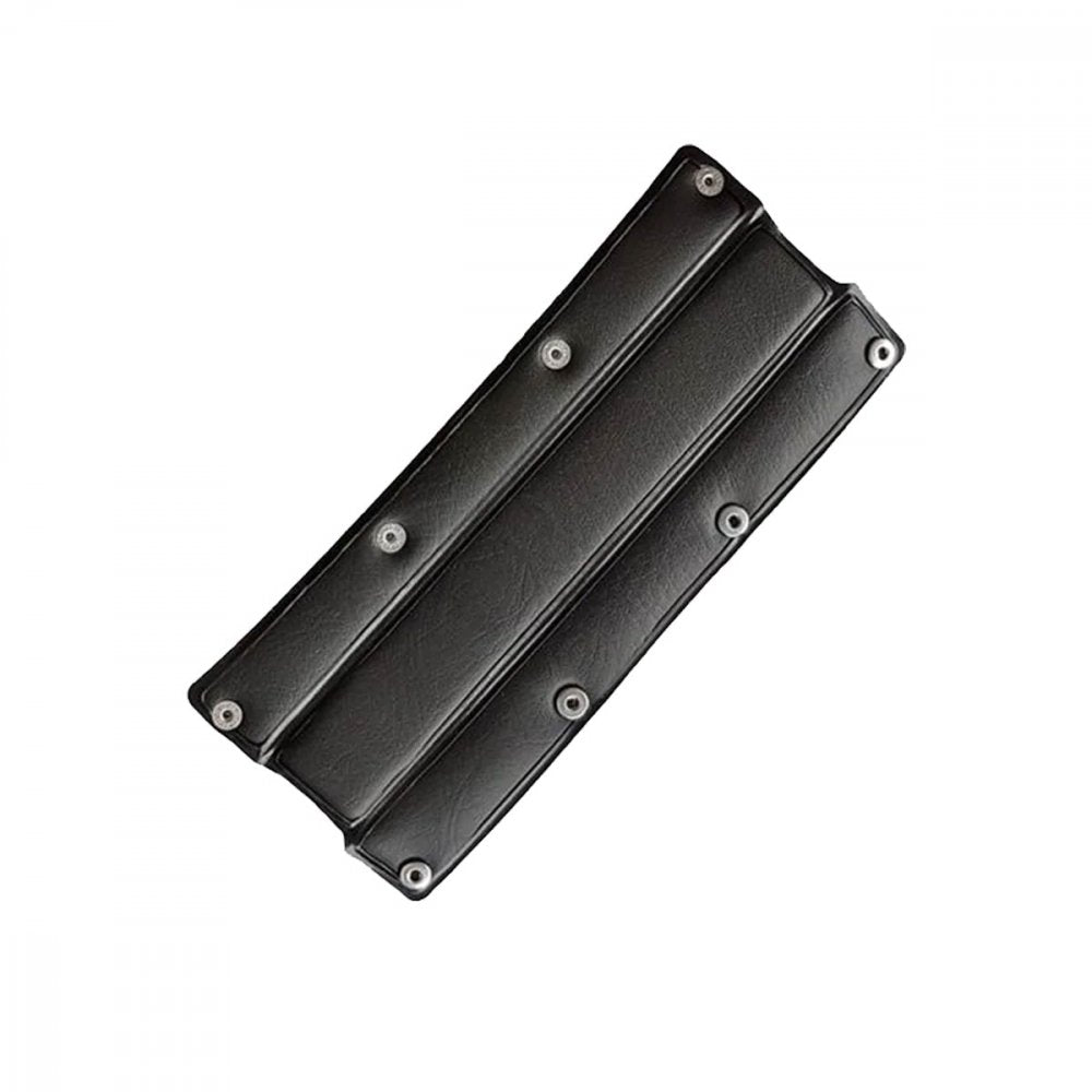Black rectangular padded strip with metal studs arranged in two rows on a white background.