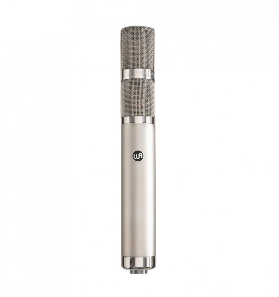 Silver cylindrical studio microphone with metal mesh grille and WA logo on the body.