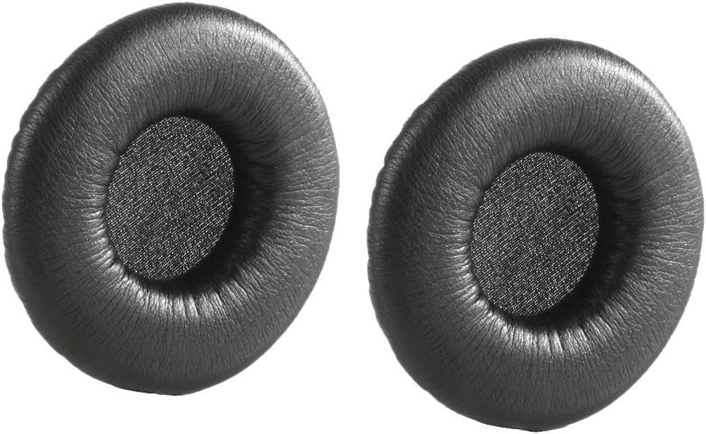 Pair of black oval ear pads with fabric centers for headphones.