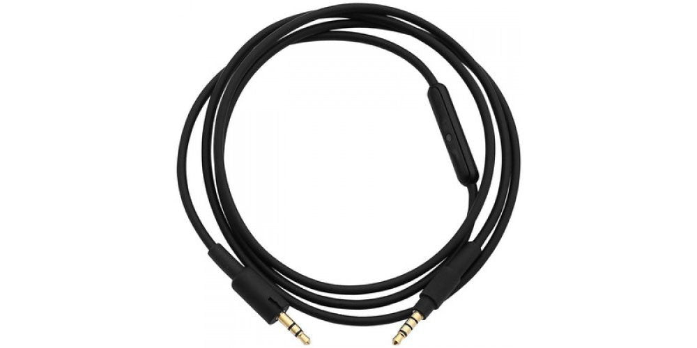 Black audio cable with gold 3.5mm audio jacks and an inline button on a white background.