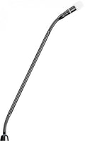 Black gooseneck microphone with a foam windscreen on top and a flexible stem.