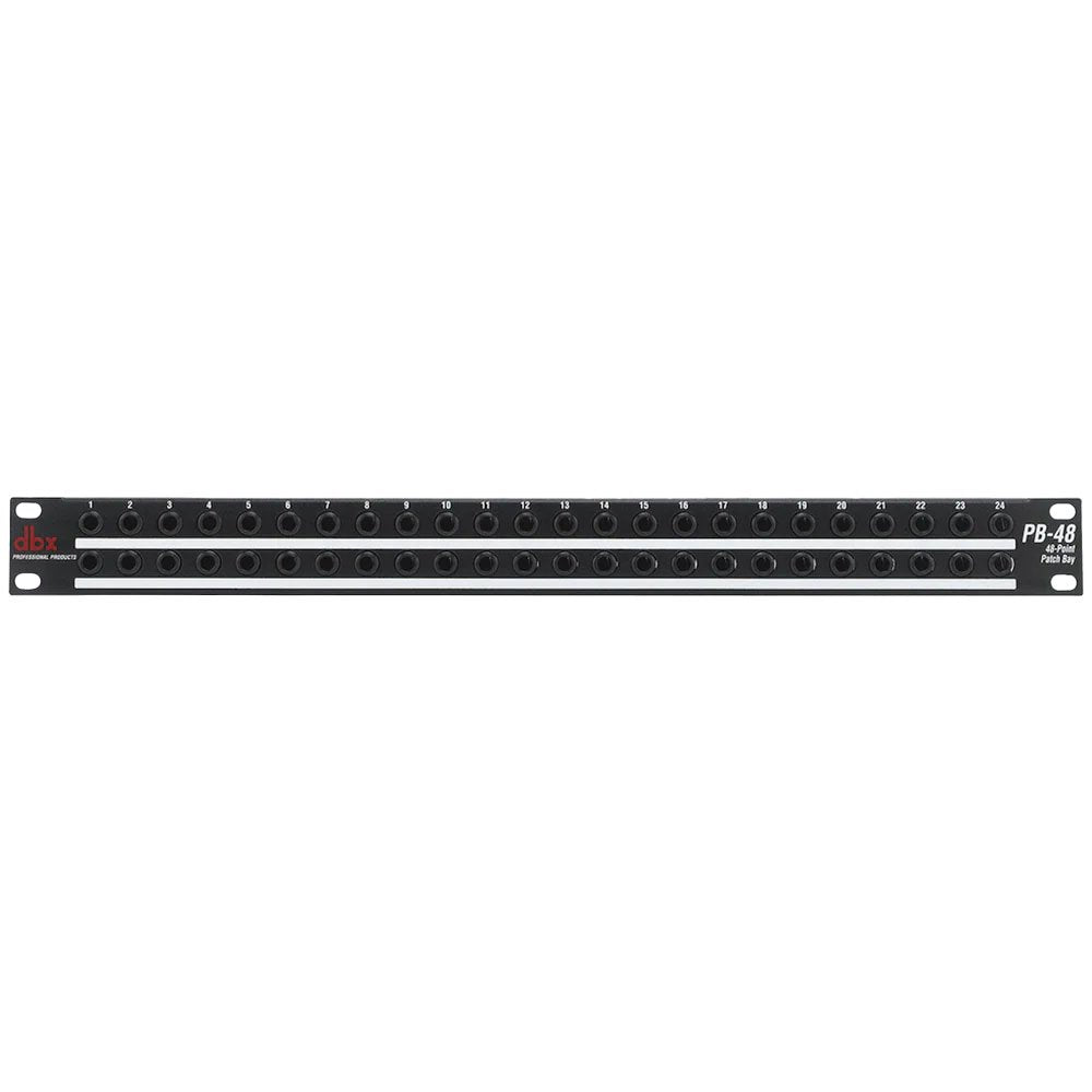 Black 48-point patch bay with two rows of 24 1/4 inch TRS jacks, labeled with numbers 1 to 24.