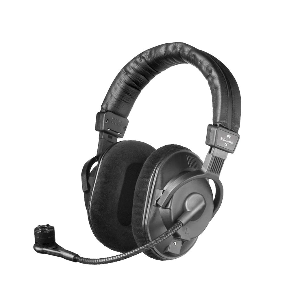 Black over-ear headphones with padded headband and attached flexible microphone boom.