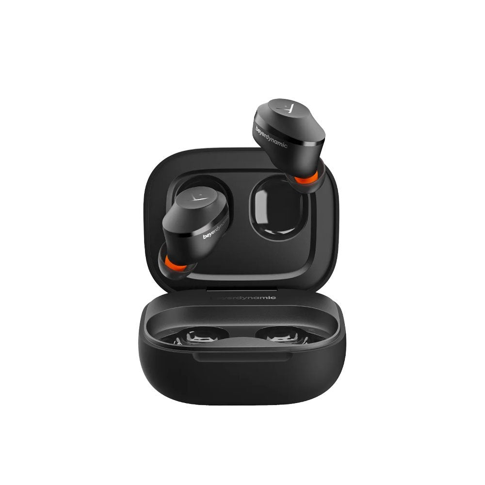 Black true wireless earbuds with orange ear tips displayed with an open black charging case.