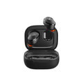 Black true wireless earbuds with orange ear tips displayed with an open black charging case.