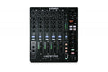 Top view of a black Allen & Heath Xone PX5 DJ mixer with knobs, faders, buttons, and LED level meters.