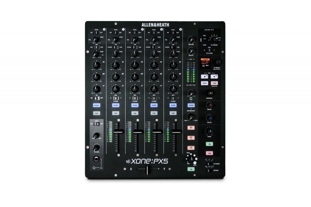 Top view of a black Allen & Heath Xone PX5 DJ mixer with knobs, faders, buttons, and LED level meters.