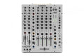 Front view of a white Allen & Heath audio mixer with multiple channels, knobs, faders, and connectors.
