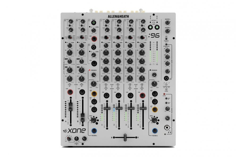 Front view of a white Allen & Heath audio mixer with multiple channels, knobs, faders, and connectors.
