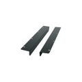 Two black metal L-shaped brackets with multiple screw holes.