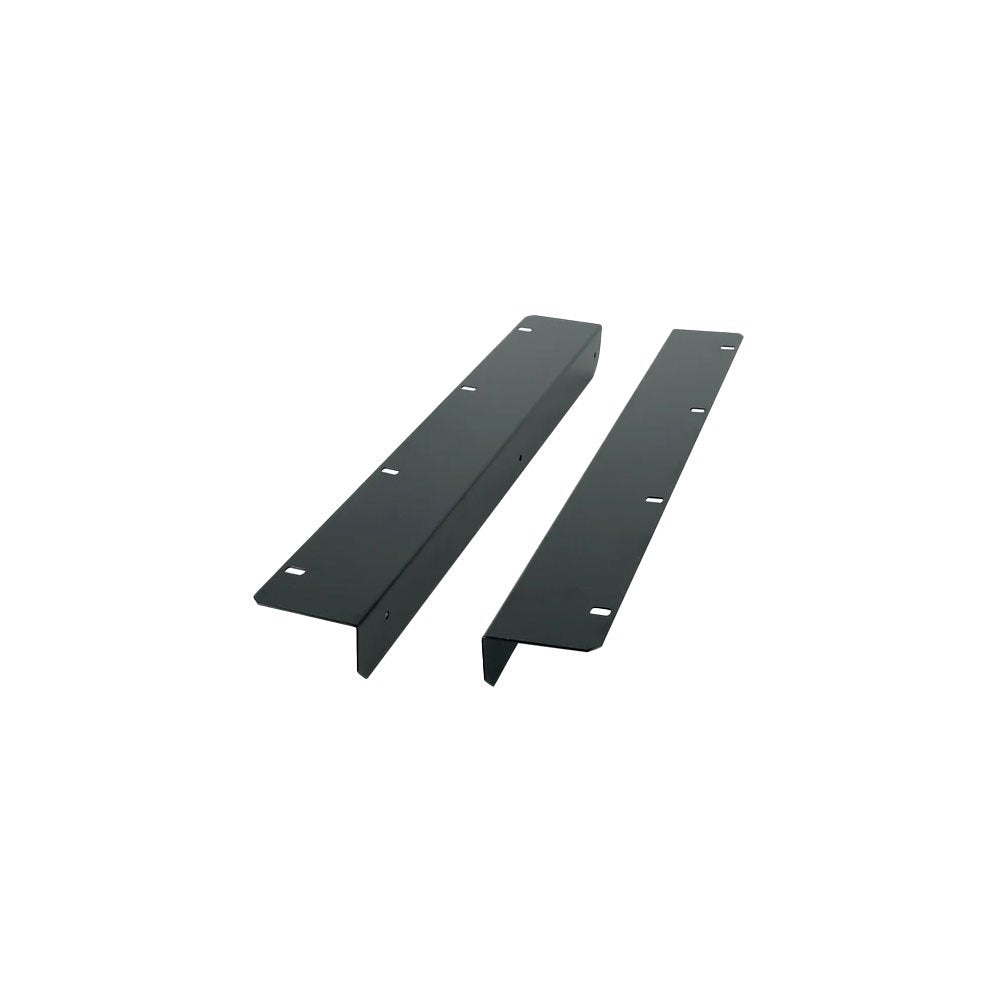 Two black metal L-shaped brackets with multiple screw holes.