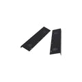 Two black metal mounting brackets with ventilation slots and mounting holes.