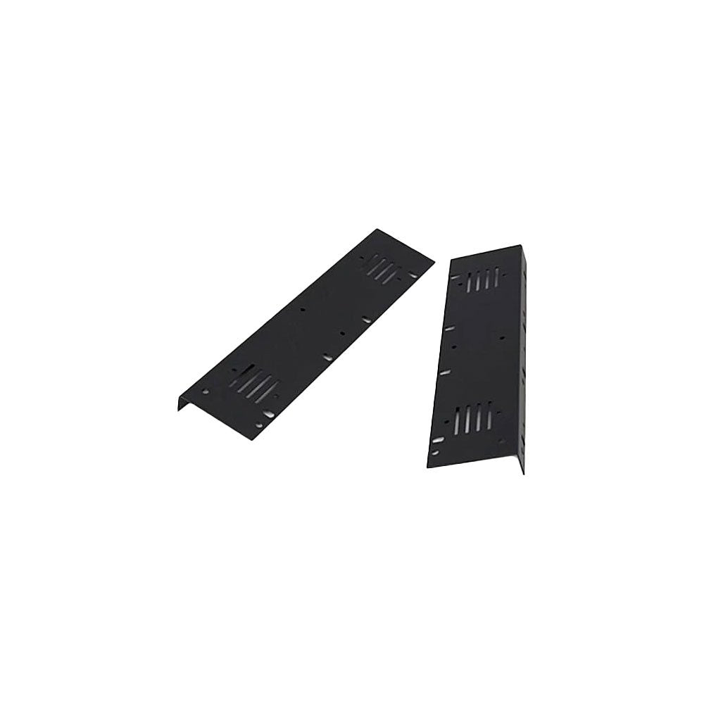 Two black metal mounting brackets with ventilation slots and mounting holes.