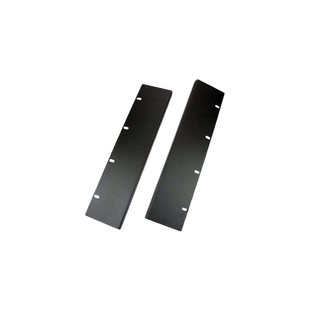 Two black metal plates with mounting holes arranged side by side on a white background.