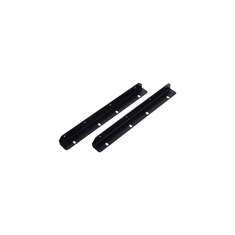 Two black metal rack ear brackets with multiple mounting holes on a white background.