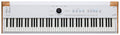 White keyboard synthesizer with 88 keys, control knobs, buttons, and a small central display screen.
