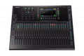 Black digital audio mixer with multiple faders, knobs, buttons, and a color touchscreen display.