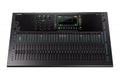 Black audio mixer with multiple faders, knobs, buttons, and a central color touchscreen display.