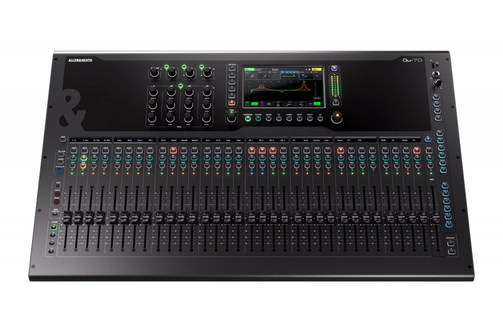 Black audio mixer with multiple faders, knobs, buttons, and a central color touchscreen display.