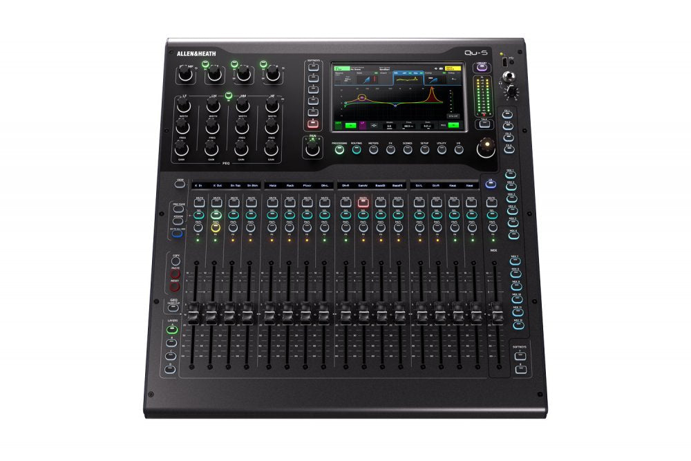 Black digital audio mixer with multiple faders, rotary knobs, buttons, and a color touchscreen display.