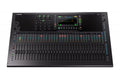 Black audio mixing console with multiple faders, knobs, buttons, and a touchscreen display, labeled Allen & Heath Qu-7.
