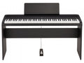 Black digital piano keyboard with 88 keys, wood stand, music rest, and sustain pedal.