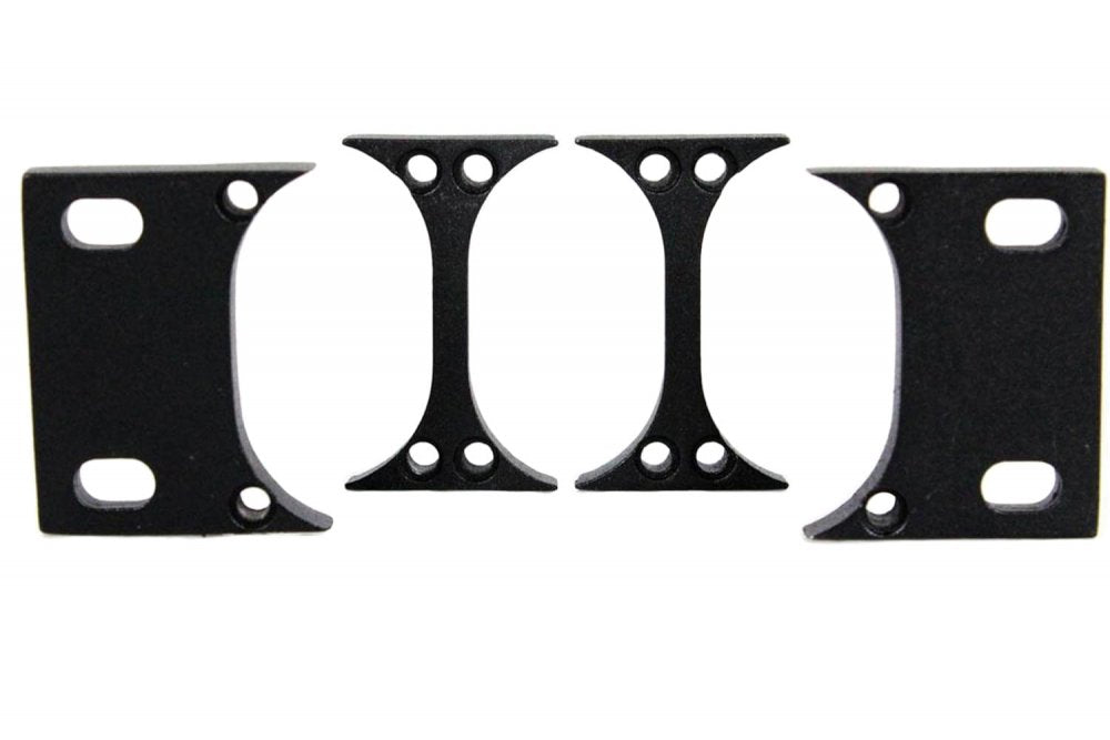 Four black metal mounting brackets with holes for screws arranged on a white background.