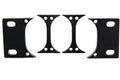 Four black metal mounting brackets with holes for screws arranged on a white background.