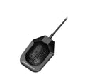 Black Audio-Technica microphone with a grille and attached cable on a white background.