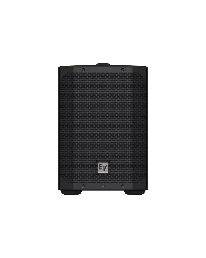 Front view of a black speaker with a metal grille and an 'Ev' logo on the front.