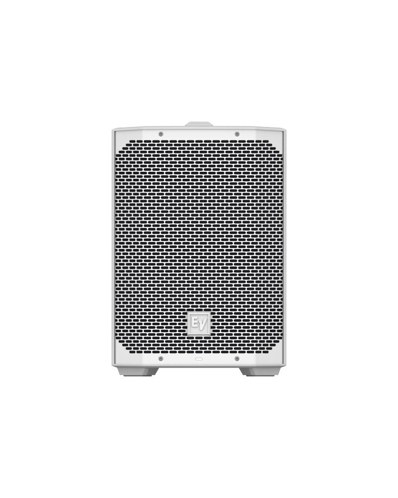 Front view of a white speaker with a black metal grille and an 'EV' logo at the bottom center.
