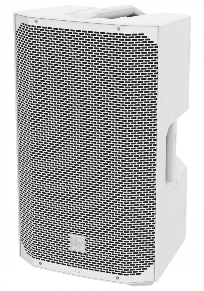 White speaker cabinet with a metal grille and EV logo on the front, shown at an angled front view.