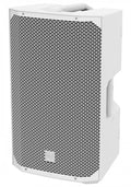 White speaker cabinet with a metal grille and EV logo on the front, shown at an angled front view.