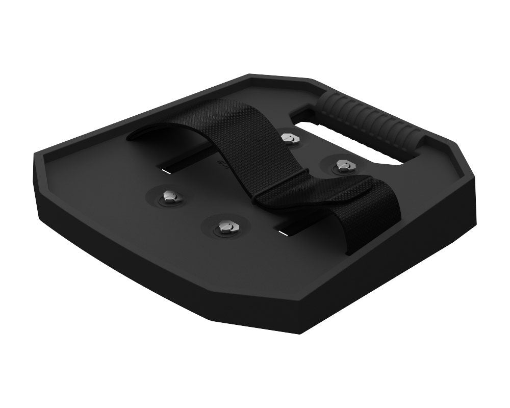 Black plastic tray with a handle, bolts, and a fabric strap attached on top.