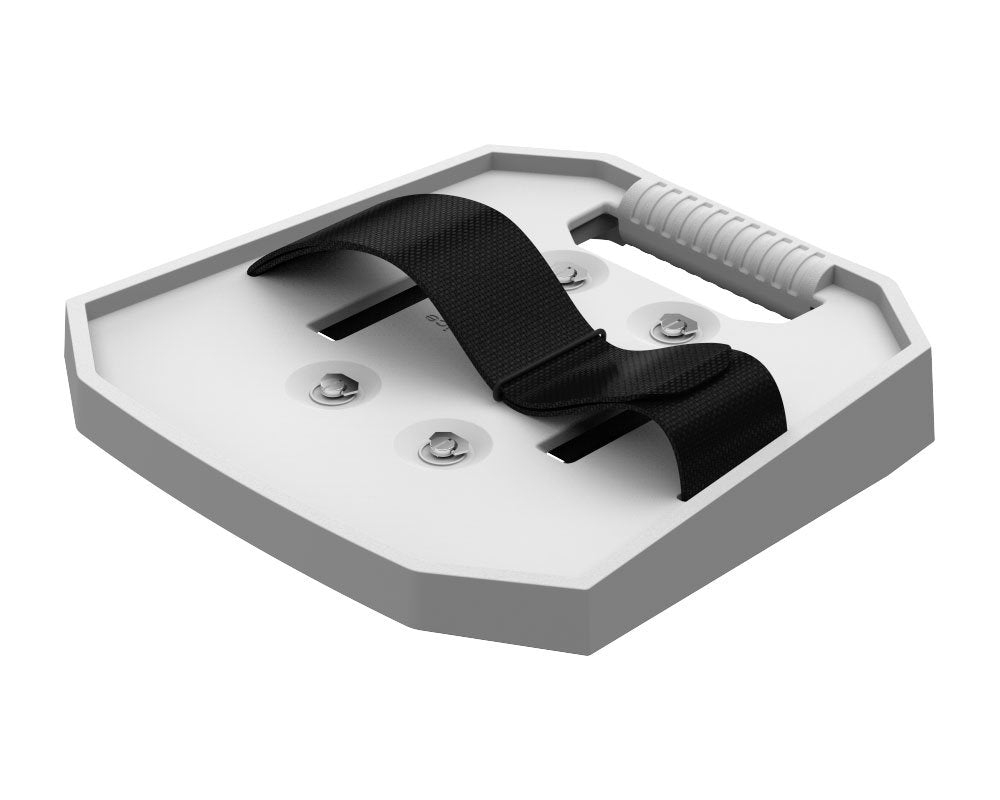 White mounting plate with a black strap and handle, featuring four screws visible on top.