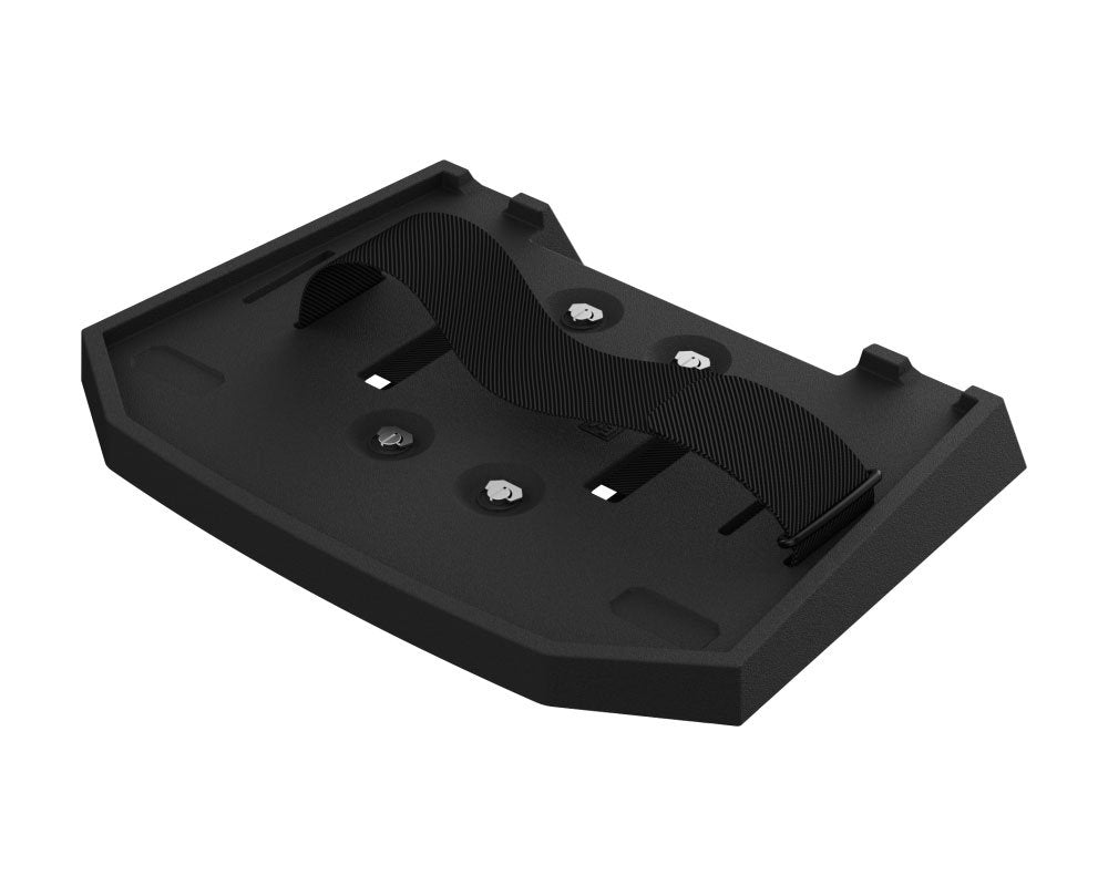 Black plastic tray with strap and four metal mounting points, angled to show top and one side.