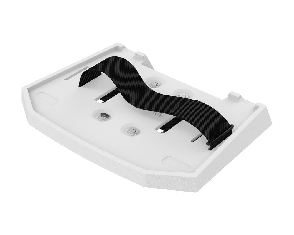 White mounting tray with a black securing strap and four metal fasteners on a white background.