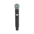 Black wireless handheld microphone with silver grille and a small display showing frequency 616.250 MHz