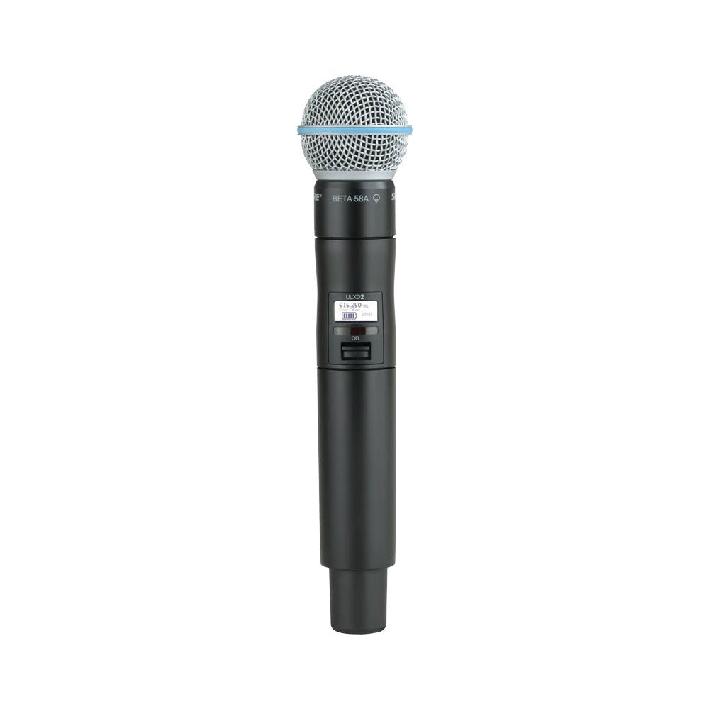 Black wireless handheld microphone with silver grille and a small display showing frequency 616.250 MHz