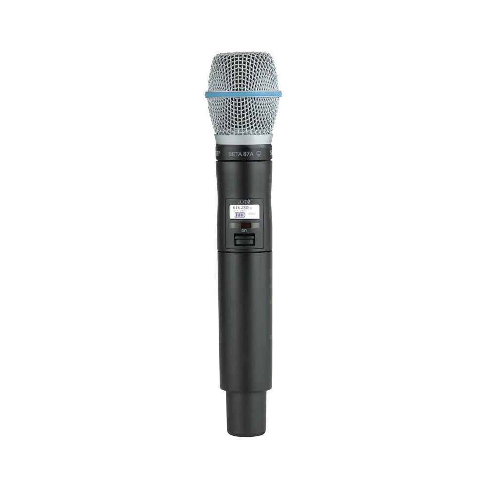 Black handheld wireless microphone with silver mesh grille and digital display showing frequency and battery level.