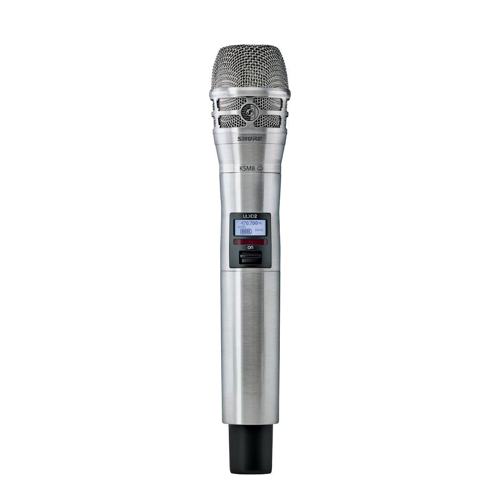 Silver handheld microphone with black power switch and small blue display showing frequency.
