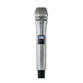 Silver handheld microphone with black power switch and small blue display showing frequency.